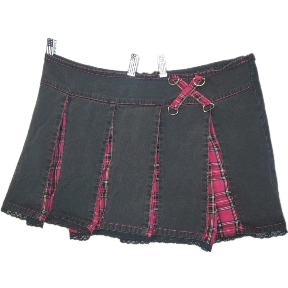 Tripp Halloween Retro Pleated Mini Skirt Woman 16W Pink Plaid Gray Denim Lace